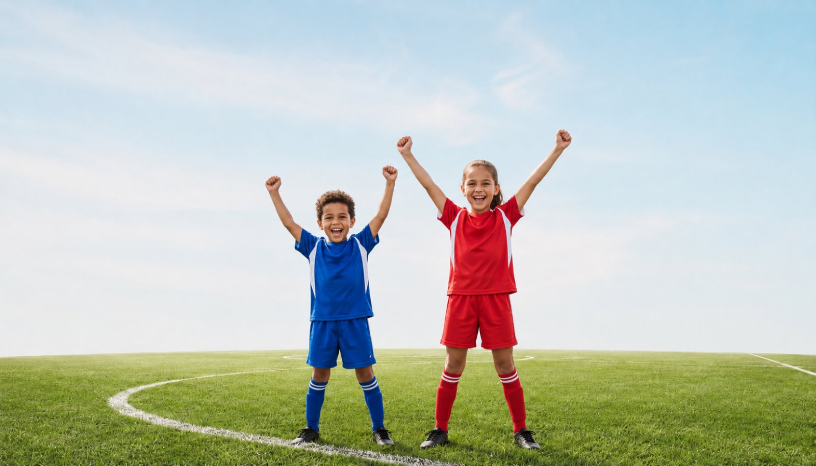 Young footballers celebrating on the pitch
